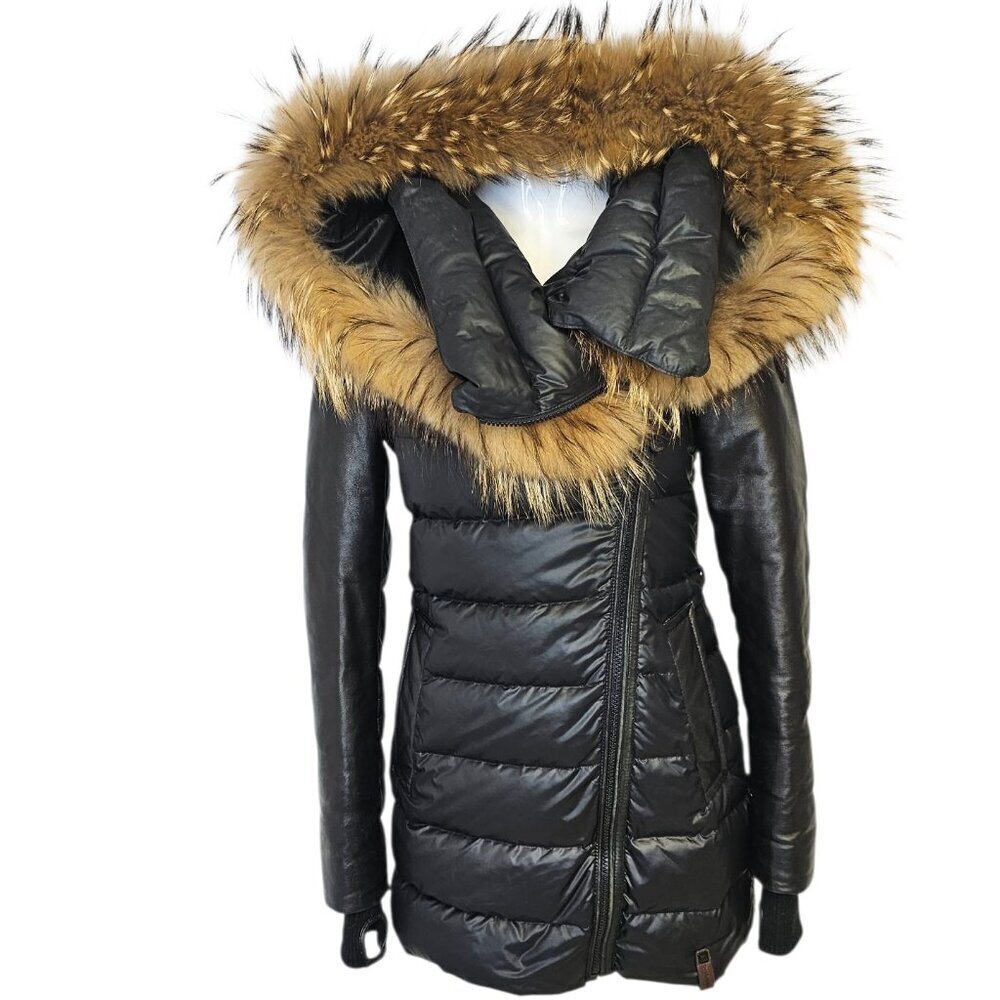 Rudsak Womens Roya Parka, Leather Sleeves, Down, Raccoon Fur, Black, Size XS